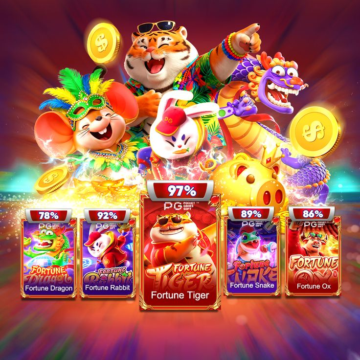 Deretan game slot PG Soft seperti Fortune Dragon, Fortune Rabbit, Fortune Tiger, Fortune Snake, dan Fortune Ox dengan persentase kemenangan tinggi, menampilkan karakter ceria dan simbol koin emas—ilustrasi permainan slot gacor server lokal.