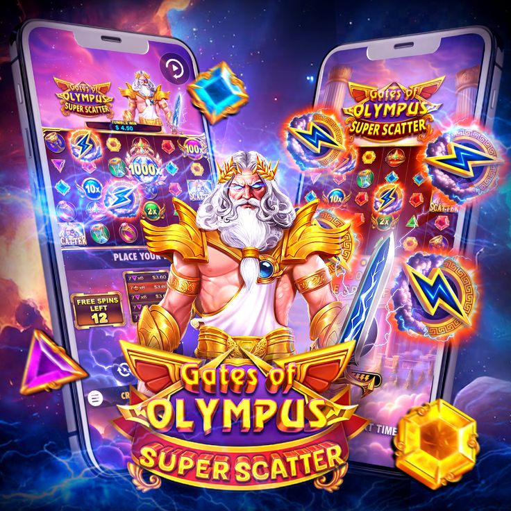 game Gates of Olympus Super Scatter menampilkan karakter dewa Zeus dengan elemen petir, simbol multiplier, dan tampilan slot pada layar ponsel.