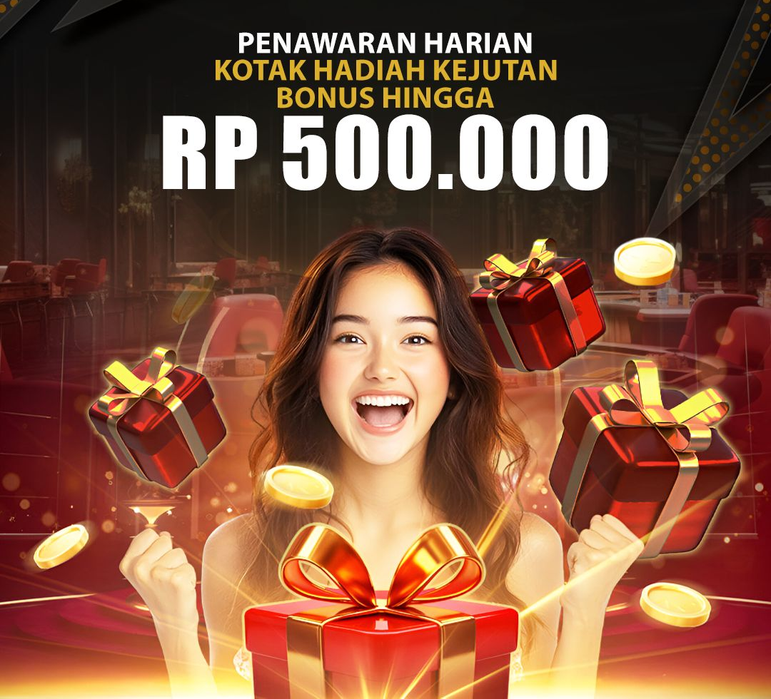Seorang wanita muda tersenyum antusias dengan latar hadiah kotak bonus dan koin emas, menampilkan penawaran harian dengan hadiah kejutan hingga Rp 500.000.