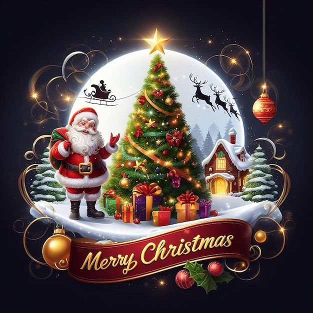 “Ilustrasi Santa Claus berdiri di depan pohon Natal berhias ornamen dan hadiah, dengan rumah bersalju dan siluet rusa terbang di latar belakang serta tulisan Merry Christmas.